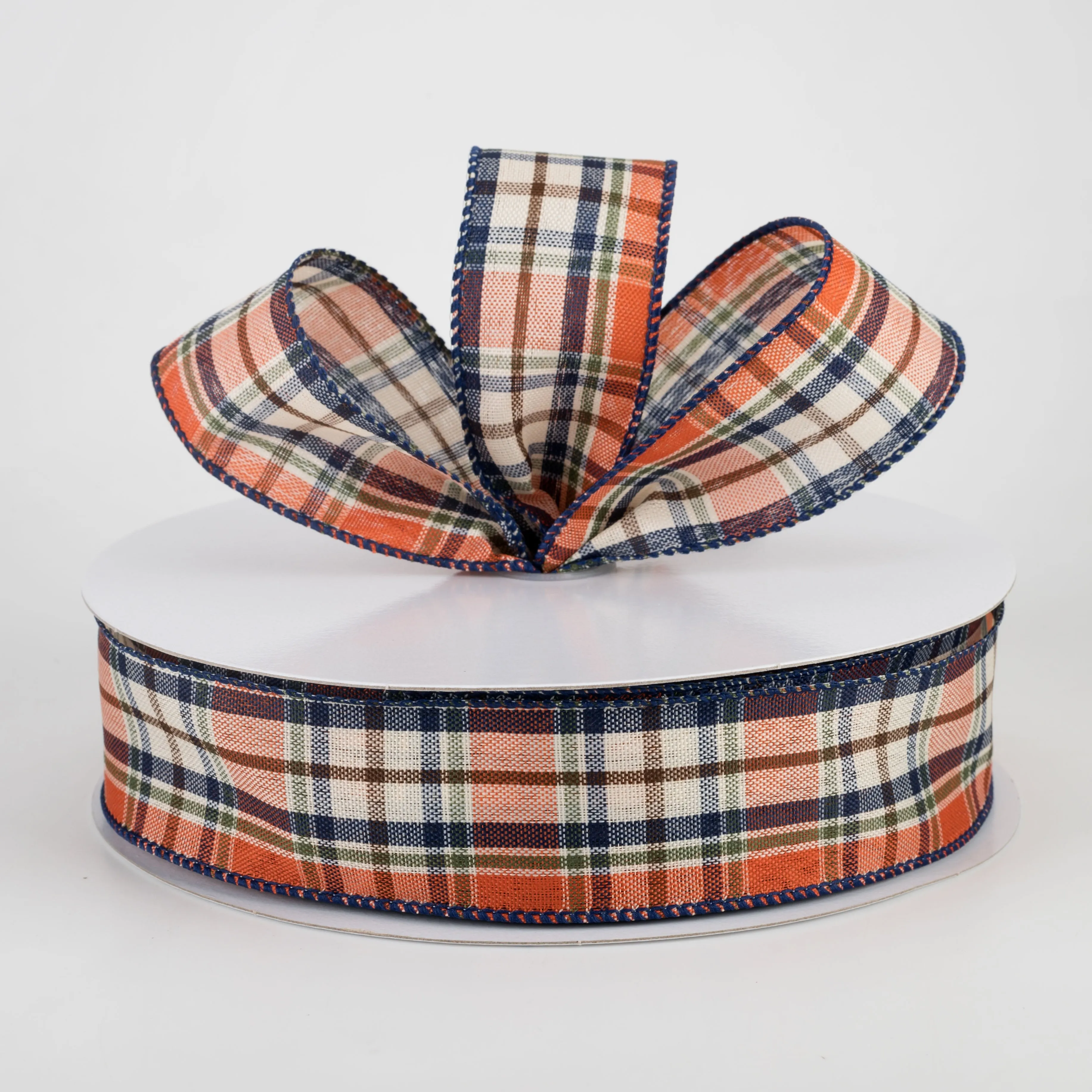 1.5"  Scarecrow Plaid Ribbon: Orange, Moss, Navy (50 Yards)
