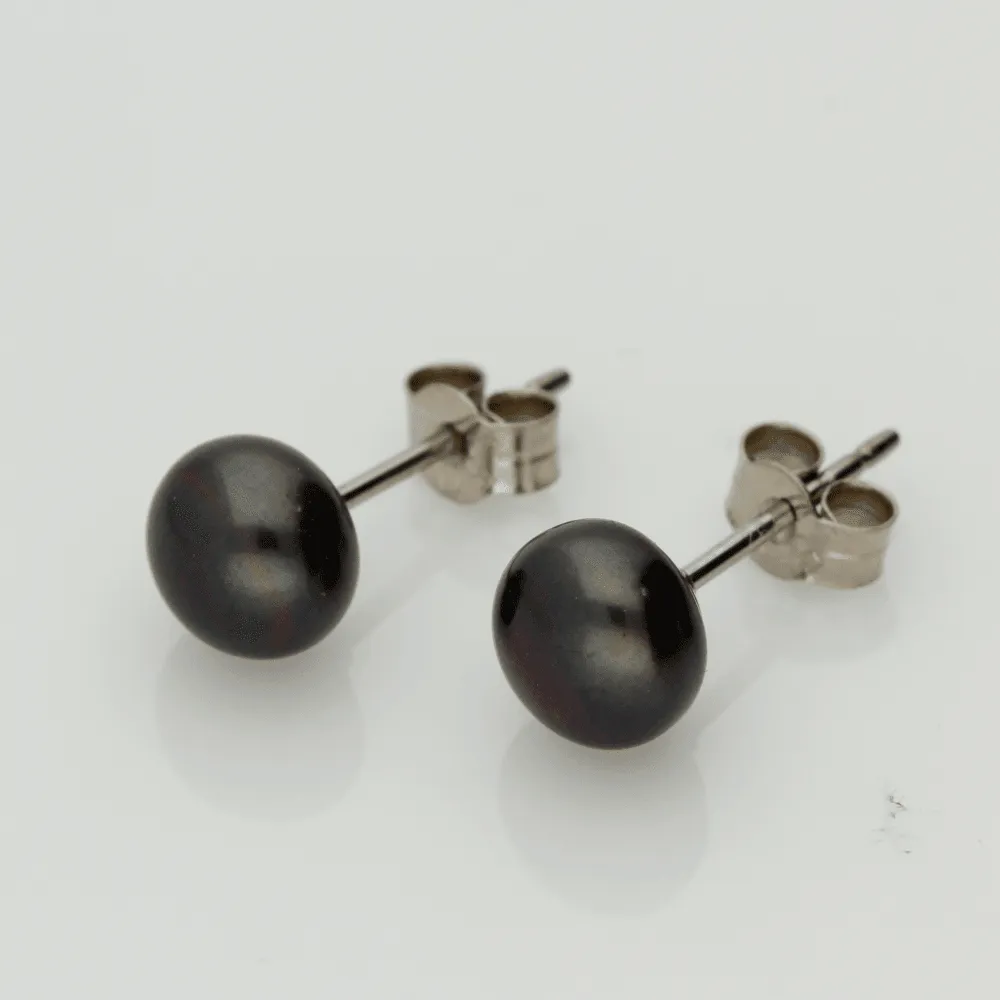 18ct White Gold 7-7.5mm Black Fresh Water Pearl Earrings