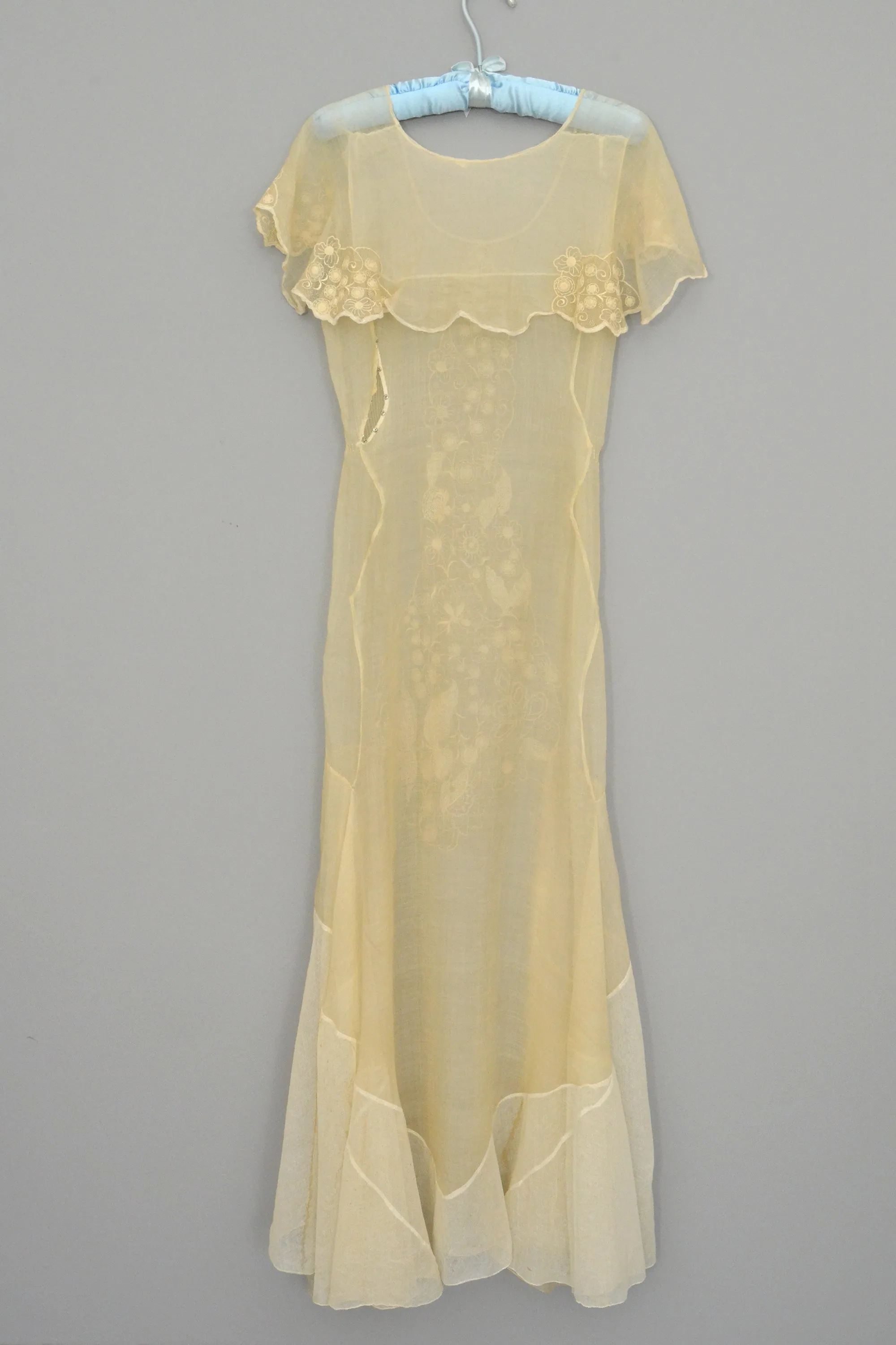 1920s 30s Deco Flapper Dress Gown | Sheer Gauzy Embroidered Organza   Netting Gown | Flapper Wedding Dress