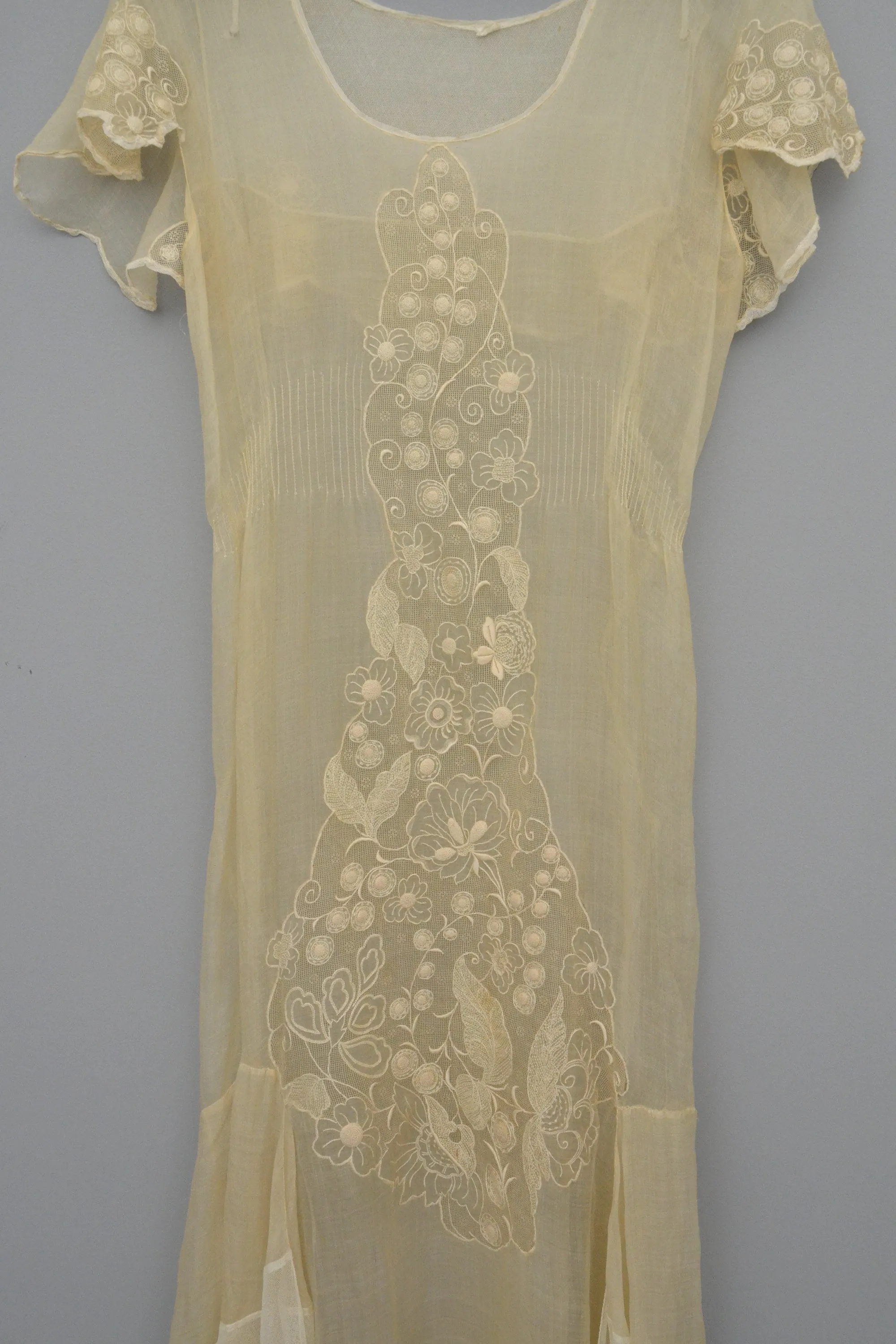 1920s 30s Deco Flapper Dress Gown | Sheer Gauzy Embroidered Organza   Netting Gown | Flapper Wedding Dress