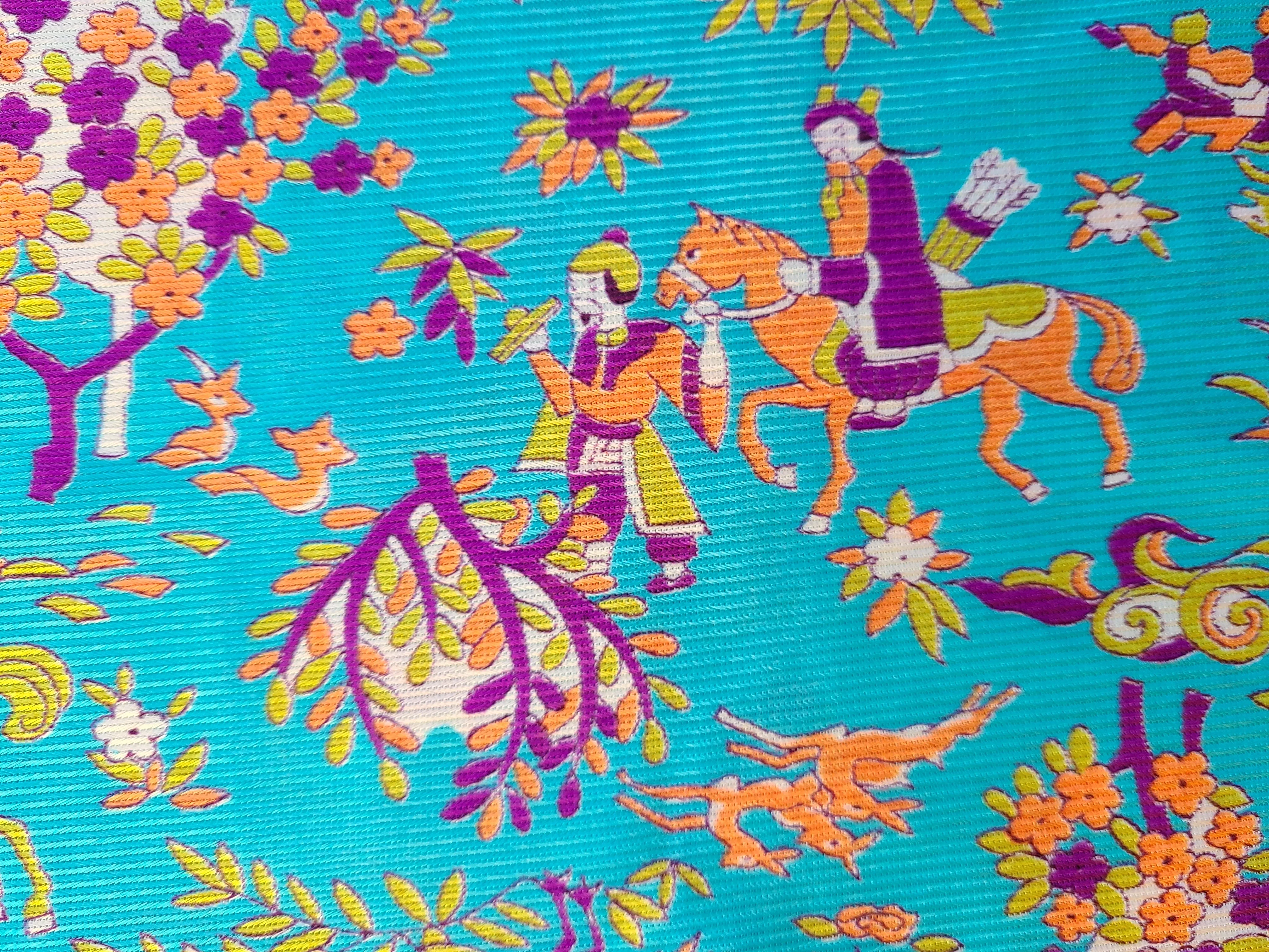 1960s 1970s Retro Fabric - Stretch Polyester - Toile Warrior - Blue - Fabric Remnant - 6P408