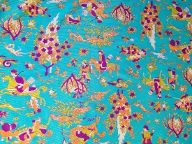 1960s 1970s Retro Fabric - Stretch Polyester - Toile Warrior - Blue - Fabric Remnant - 6P408