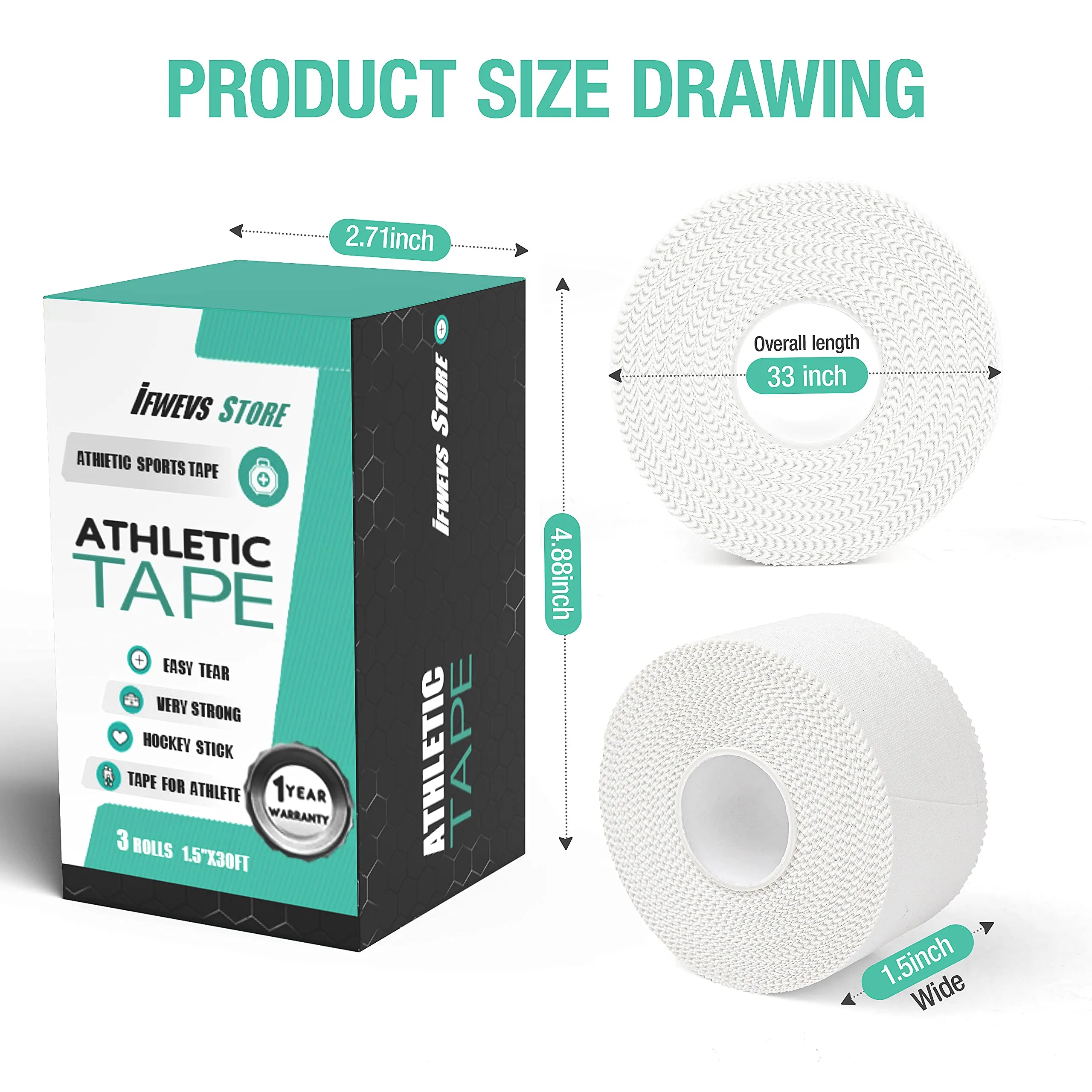 (3 Pack) White Athletic Sports Tape, Very Strong Easy Tear No Sticky Residue Tape for Athlete & Sport Trainers & First Aid Injury Wrap,Suitable for Bats,Tennis,Gymnastics & Boxing?1.5in X 35ft?