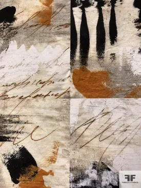 Abstract Collage with Script Writing Cotton Canvas Panel - Beige / Brown / Black / Ochre