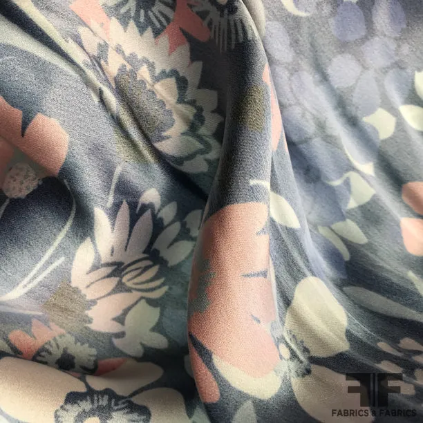 Abstract Floral Printed Silk Charmeuse on Matte side - Blue