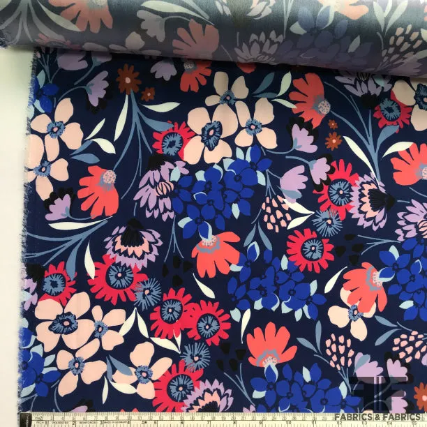 Abstract Floral Printed Silk Charmeuse on Matte side - Blue