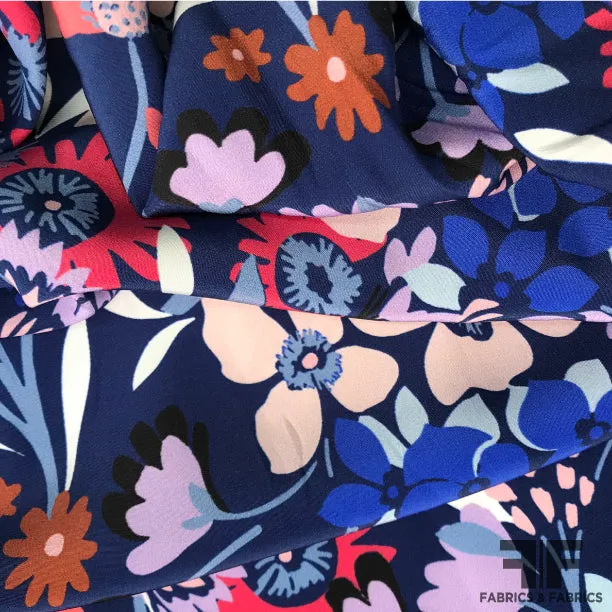 Abstract Floral Printed Silk Charmeuse on Matte side - Blue
