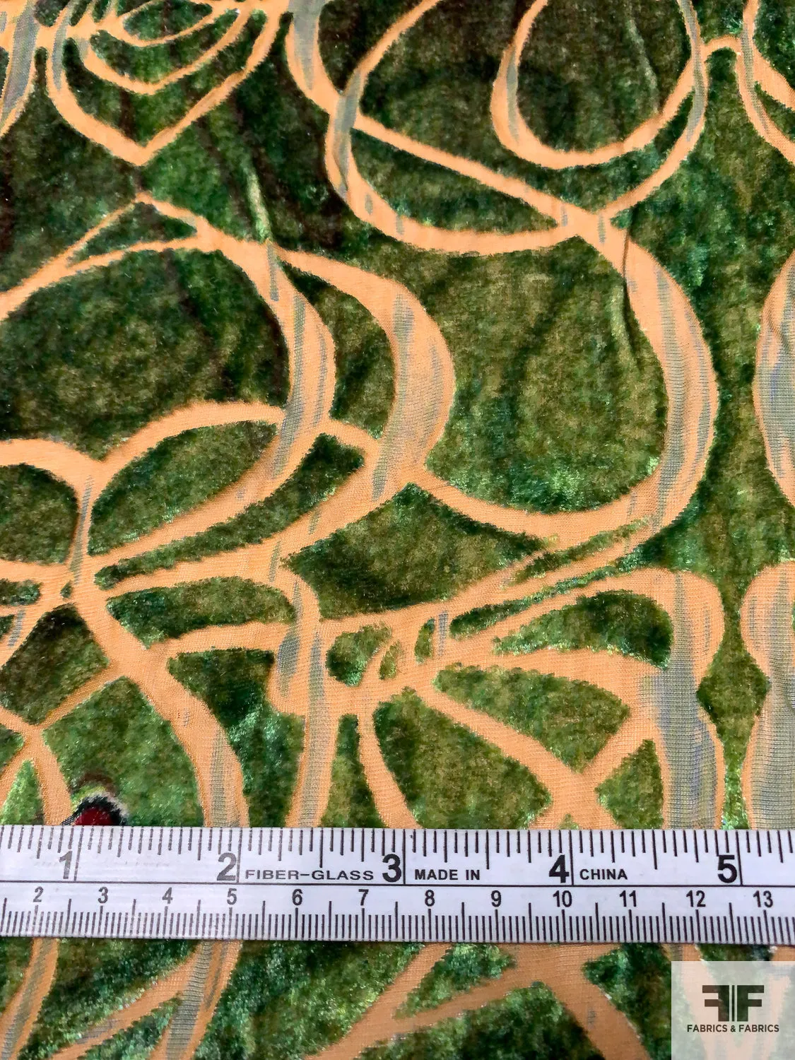 Abstract Swirl Printed Cut Velvet - Maroon / Green / Light Caramel / Hunter Green