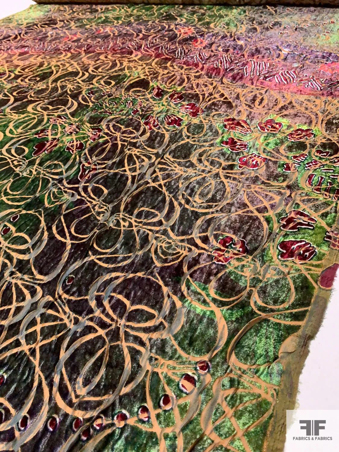 Abstract Swirl Printed Cut Velvet - Maroon / Green / Light Caramel / Hunter Green