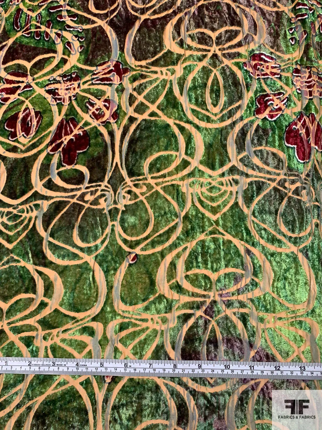 Abstract Swirl Printed Cut Velvet - Maroon / Green / Light Caramel / Hunter Green