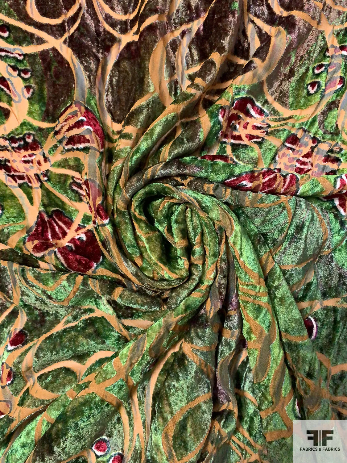 Abstract Swirl Printed Cut Velvet - Maroon / Green / Light Caramel / Hunter Green