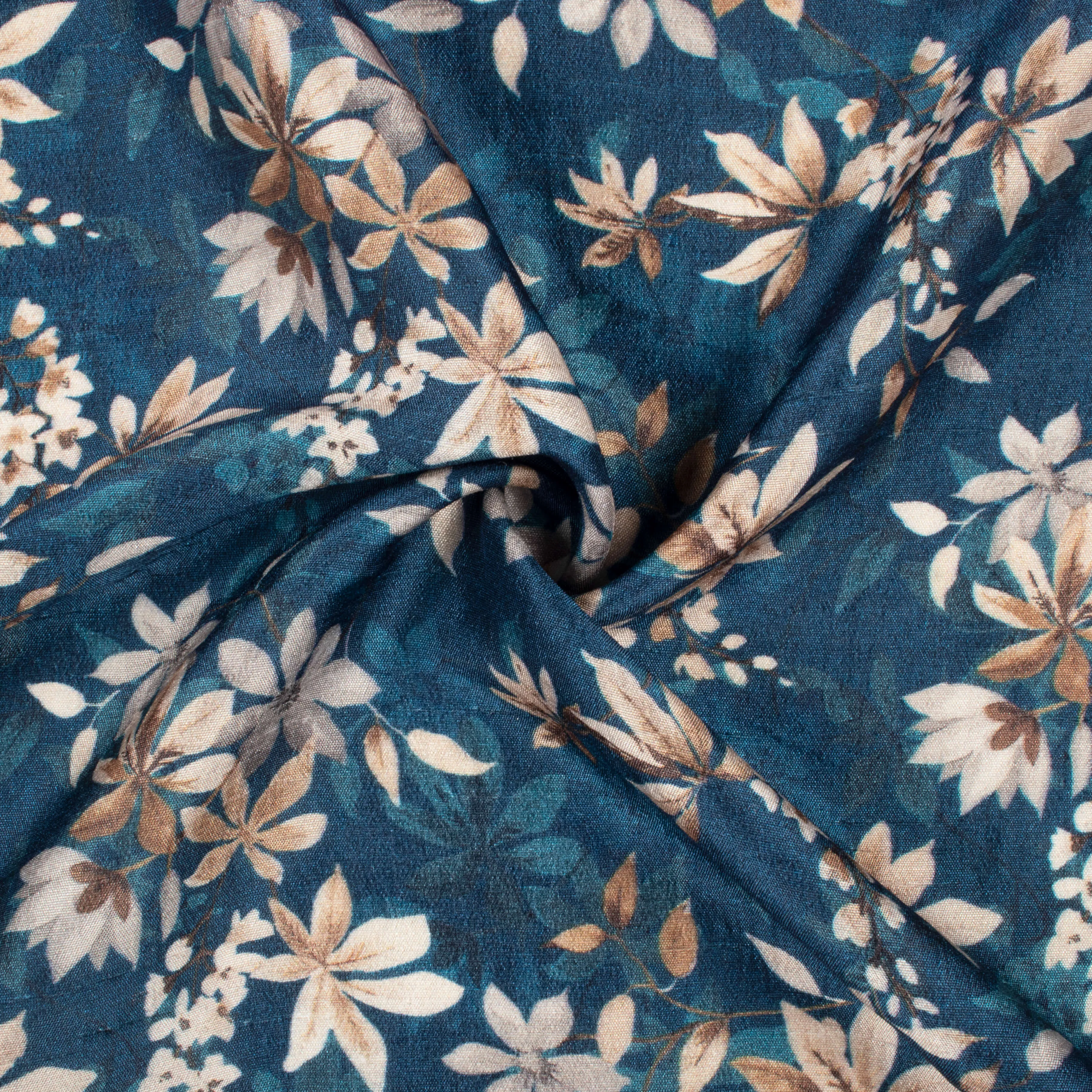 Aegean Blue And Beige Floral Digital Print Bemberg Raw Silk Fabric