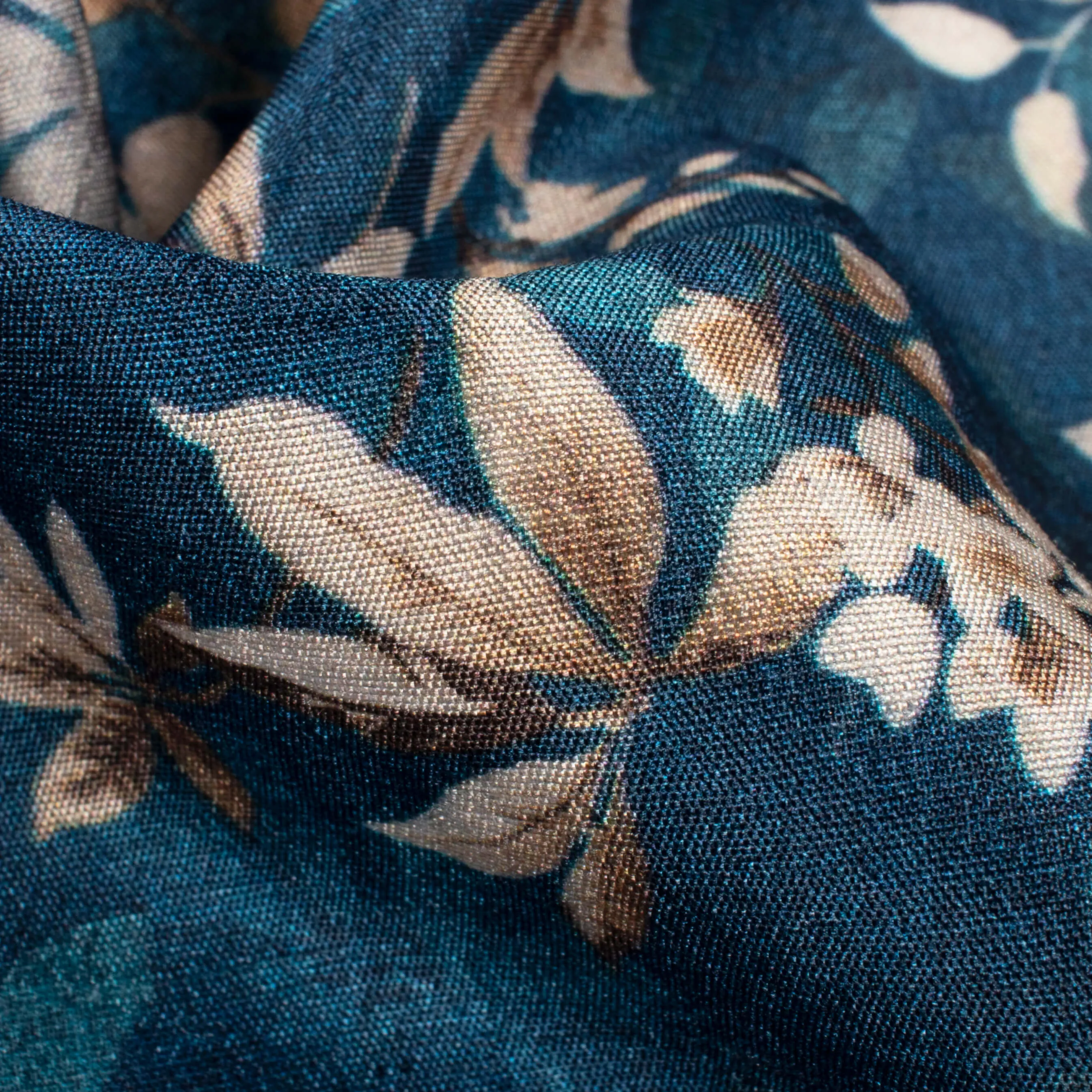 Aegean Blue And Beige Floral Digital Print Bemberg Raw Silk Fabric