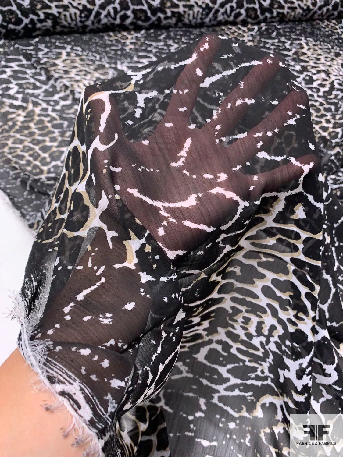 Animal Pattern Printed Crinkled Polyester Chiffon - Black / White / Light Olive