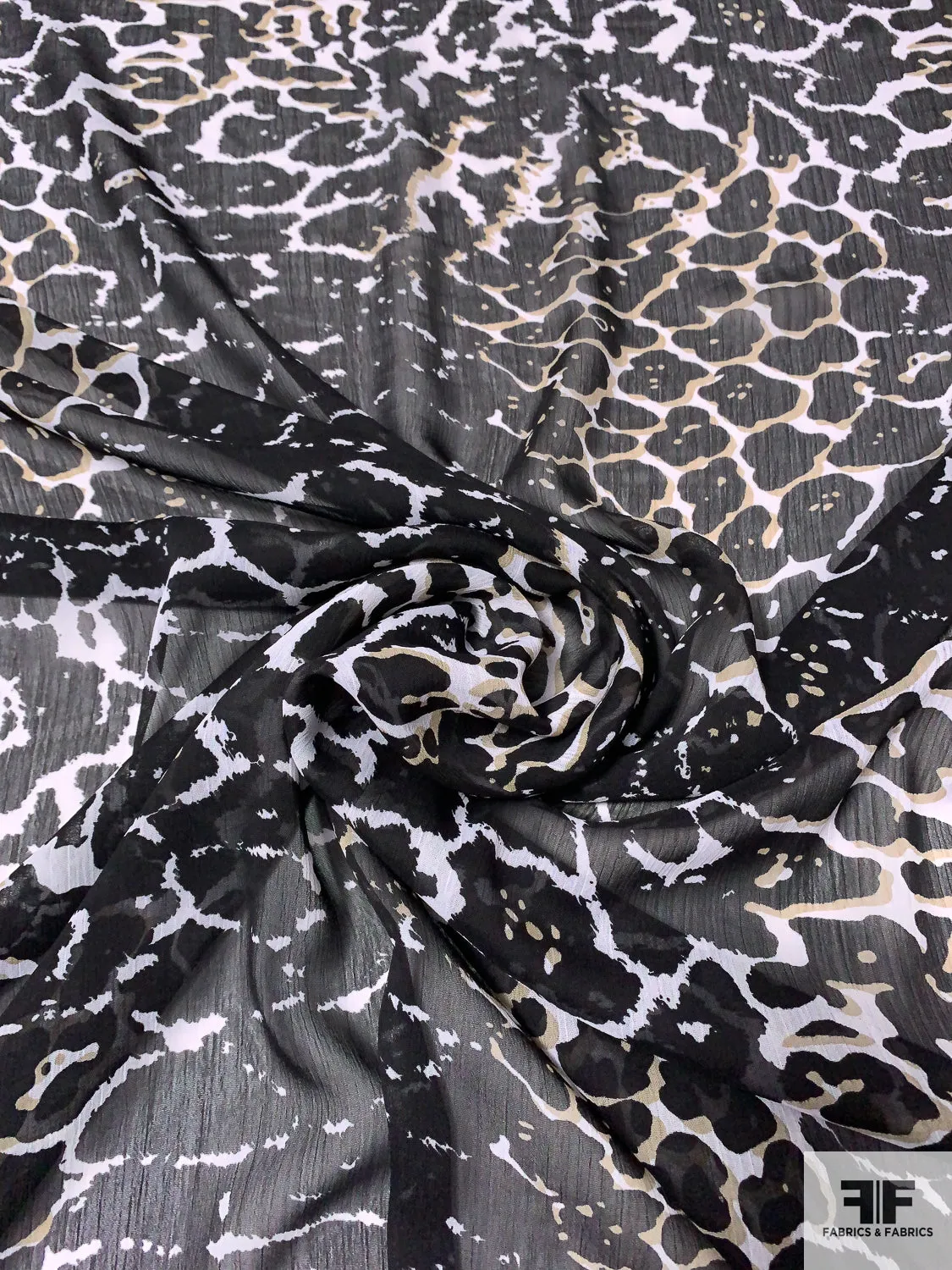 Animal Pattern Printed Crinkled Polyester Chiffon - Black / White / Light Olive