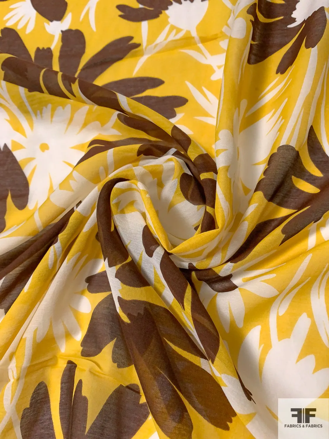 Animated Floral Silhouette Printed Cotton and Silk Voile - Yellow / Brown / White