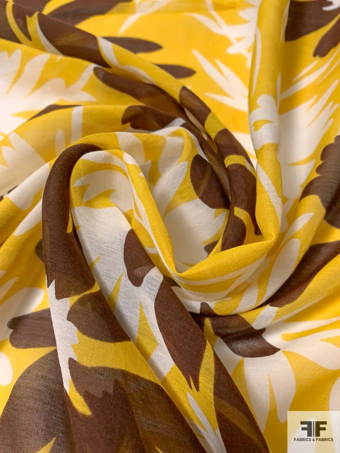 Animated Floral Silhouette Printed Cotton and Silk Voile - Yellow / Brown / White