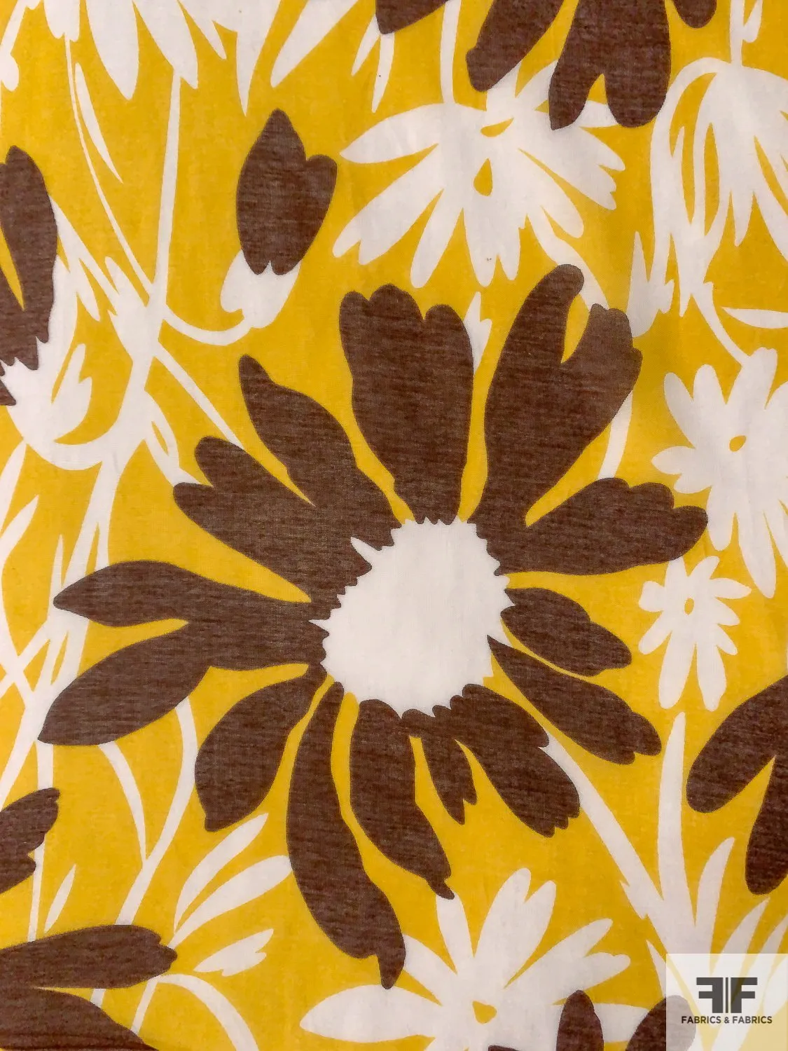 Animated Floral Silhouette Printed Cotton and Silk Voile - Yellow / Brown / White