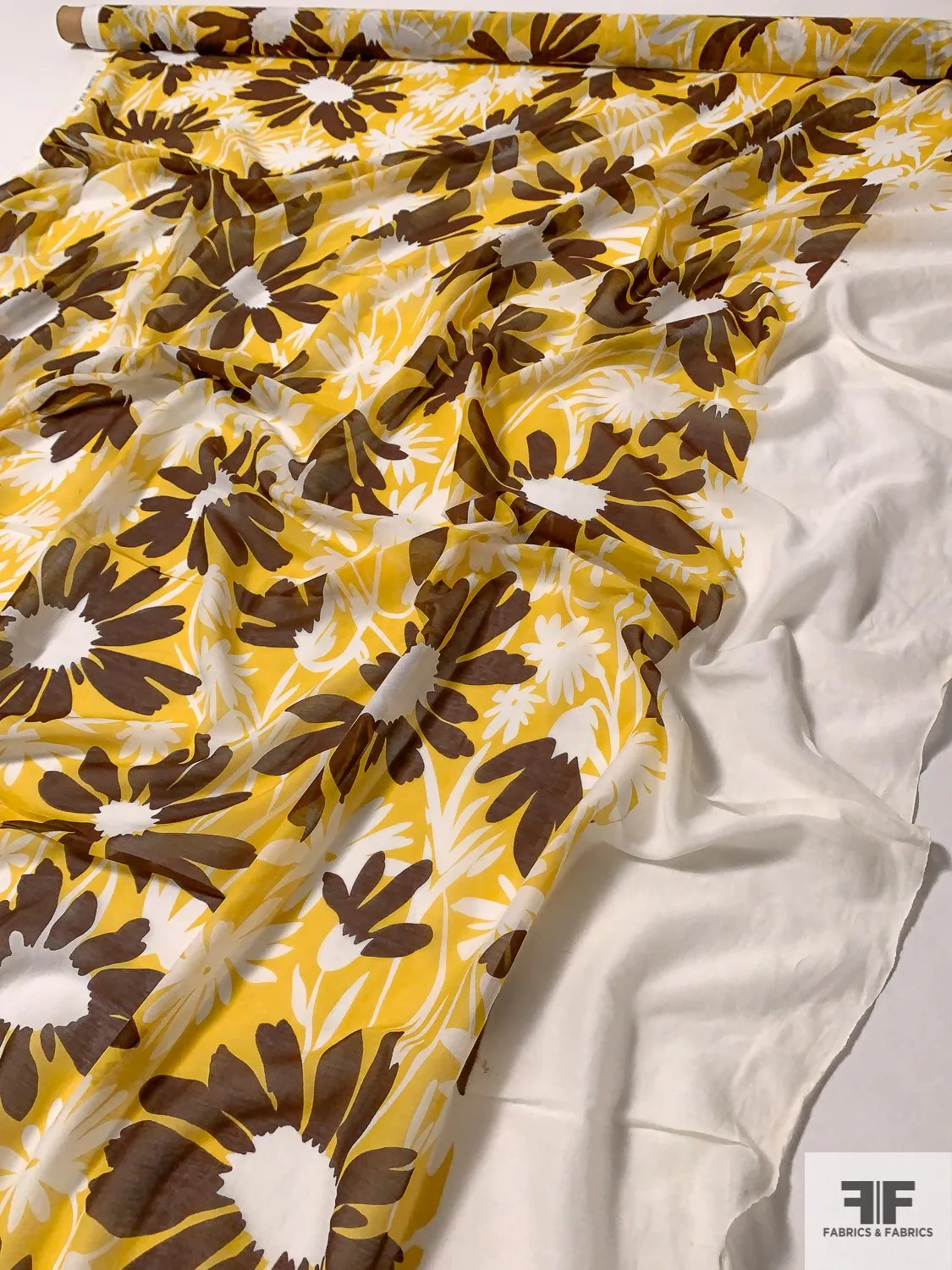 Animated Floral Silhouette Printed Cotton and Silk Voile - Yellow / Brown / White