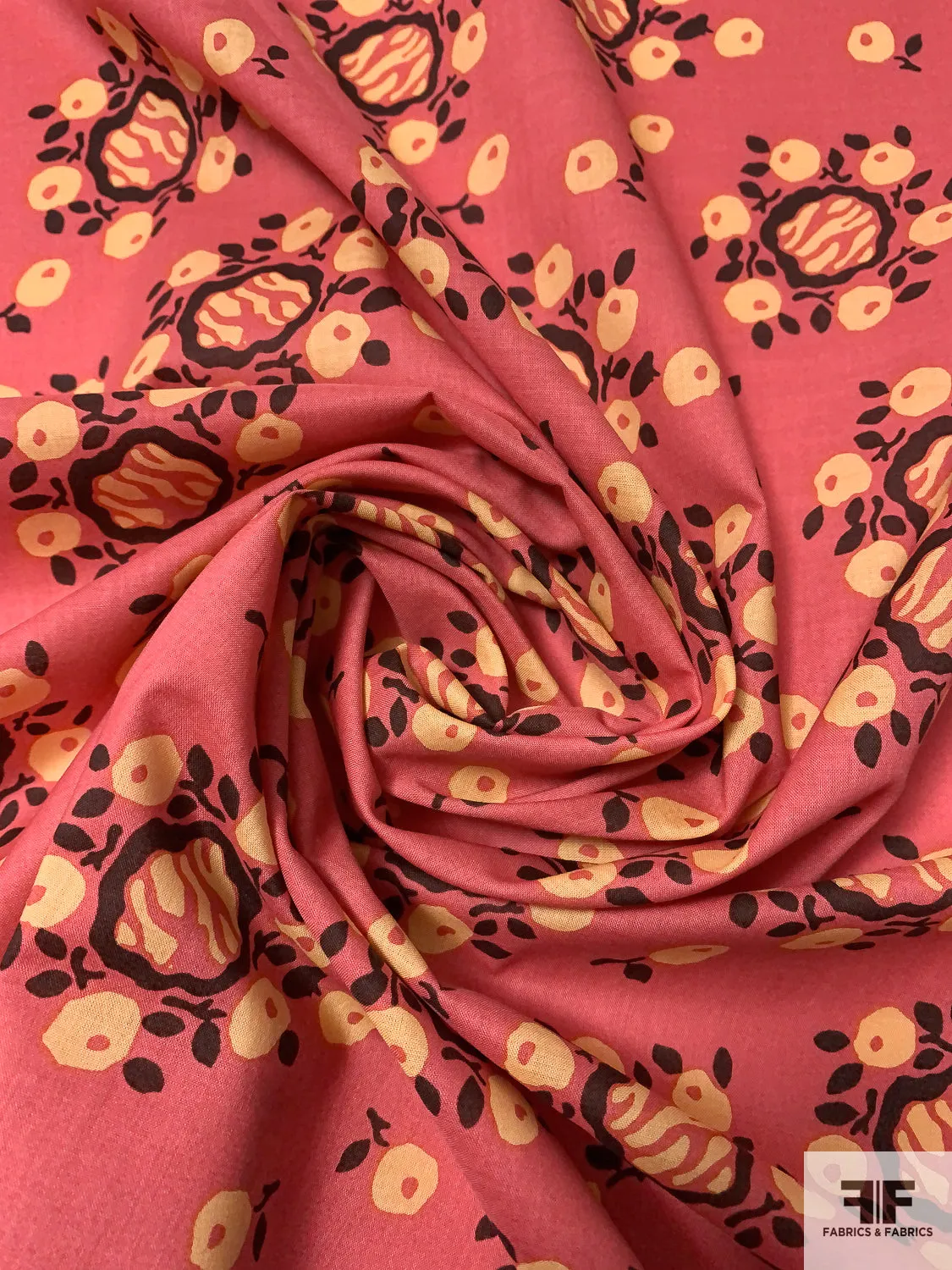 Anna Sui Floral-Inspired Printed Cotton Lawn Panel - Deep Coral / Marigold / Dark Brown / White