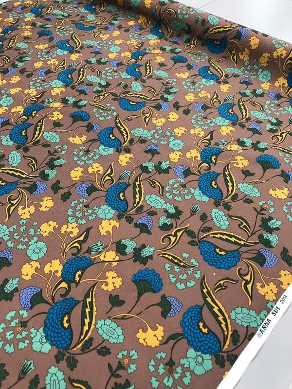 Anna Sui Floral Printed Italian Silk Faille - Blue / Brown / Sage