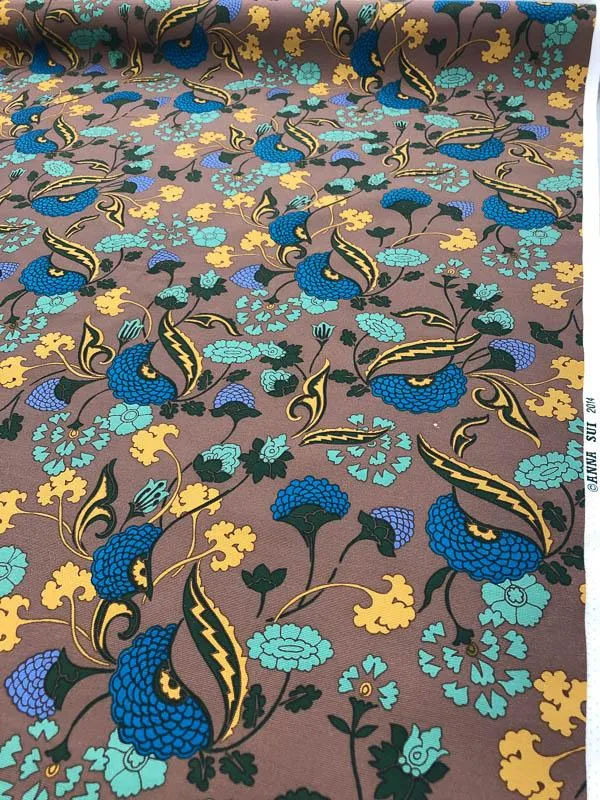 Anna Sui Floral Printed Italian Silk Faille - Blue / Brown / Sage