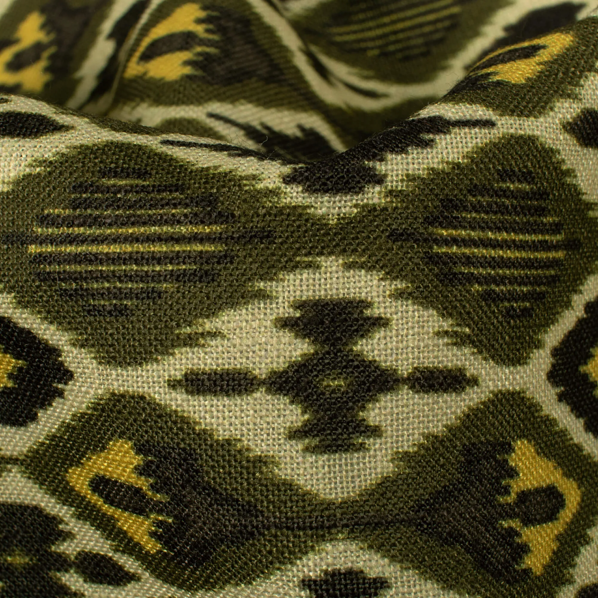 Army Green And Black Geometric Pattern Digital Print Linen Textured Fabric (Width 56 Inches)