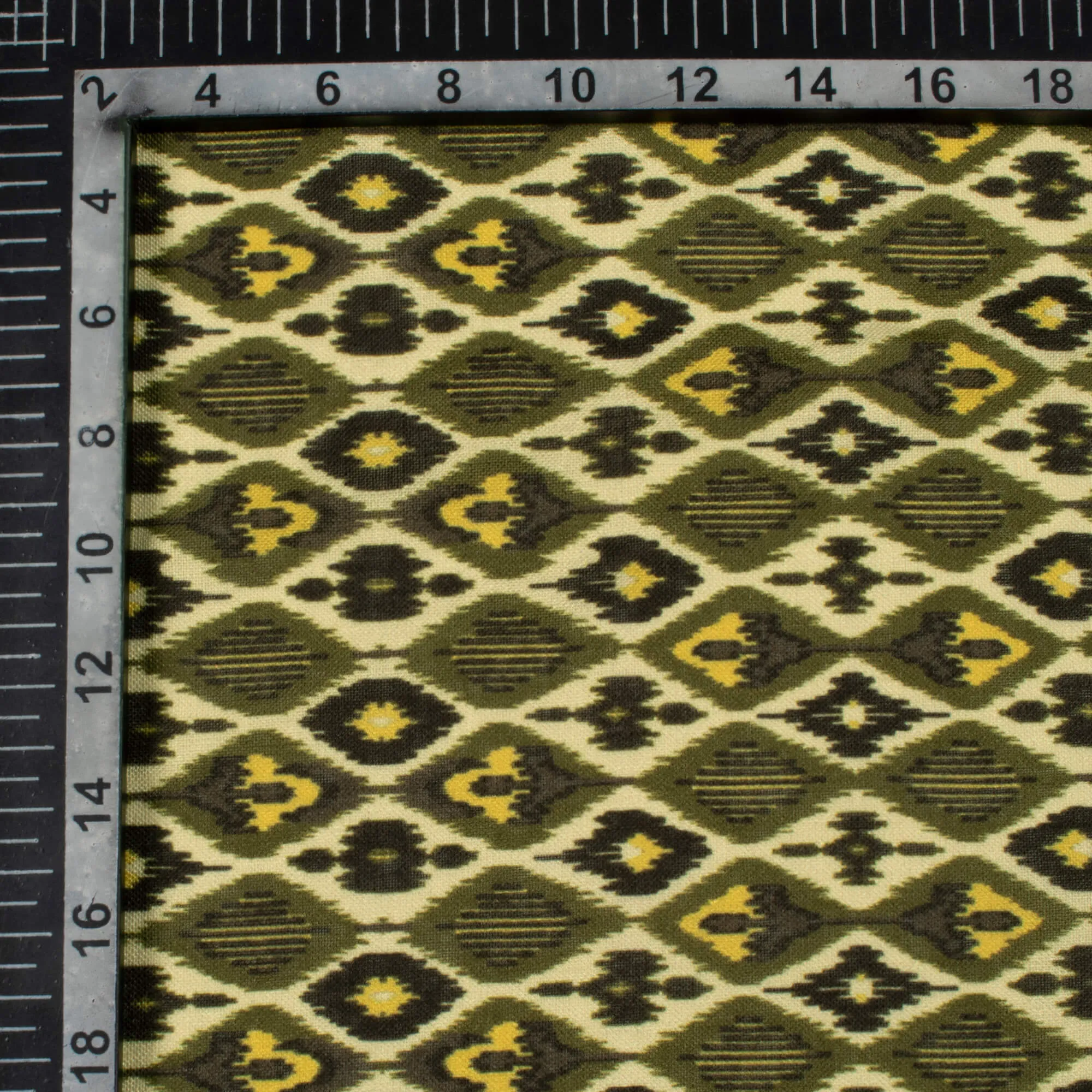 Army Green And Black Geometric Pattern Digital Print Linen Textured Fabric (Width 56 Inches)