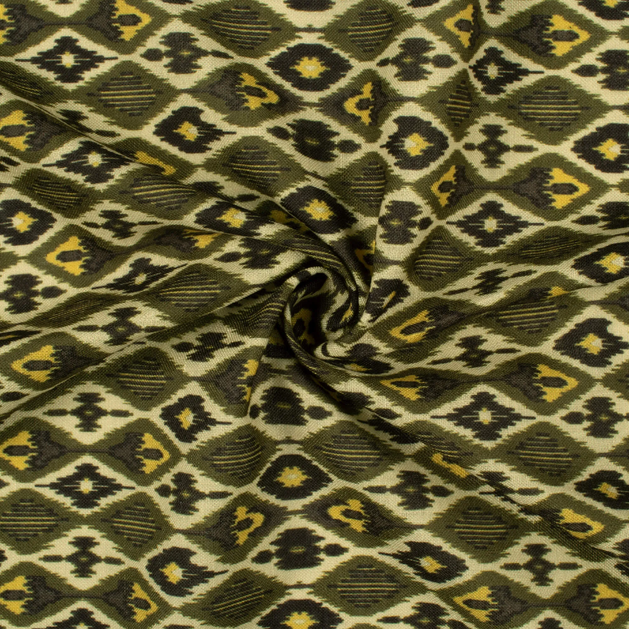 Army Green And Black Geometric Pattern Digital Print Linen Textured Fabric (Width 56 Inches)