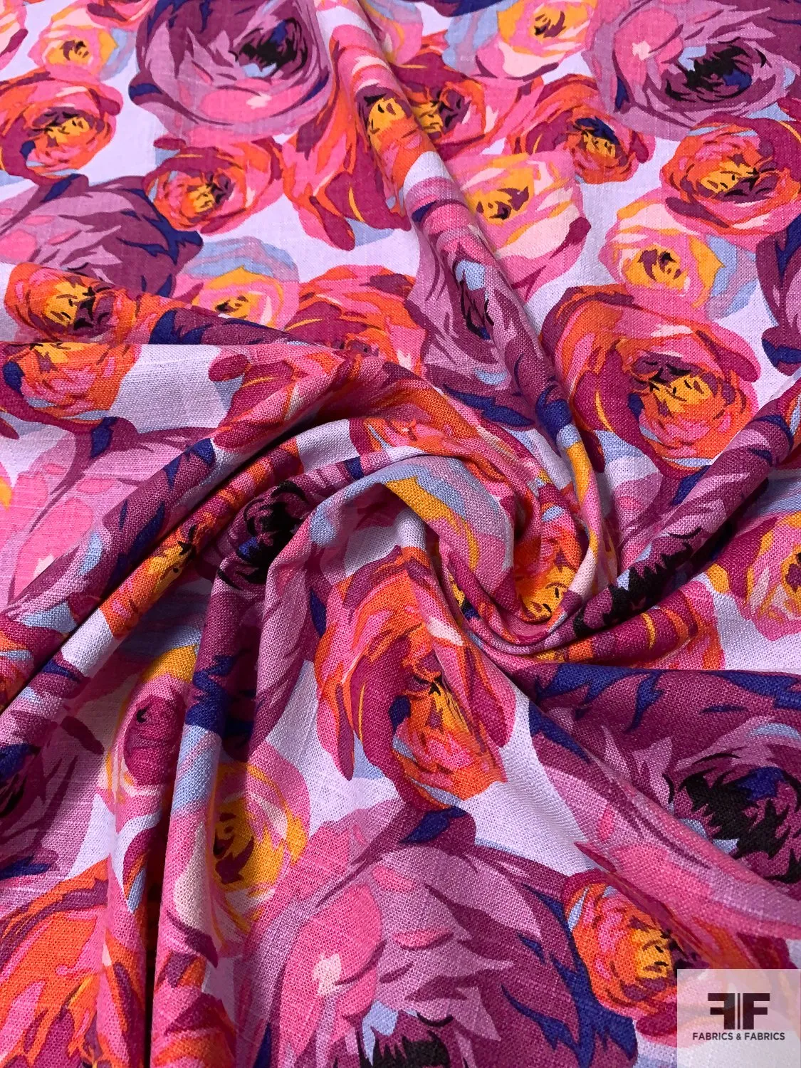 Art Collector Floral Printed Linen-Weave Cotton with Mechanical Stretch - Magenta / Pink / Coral / Lavender / Orange
