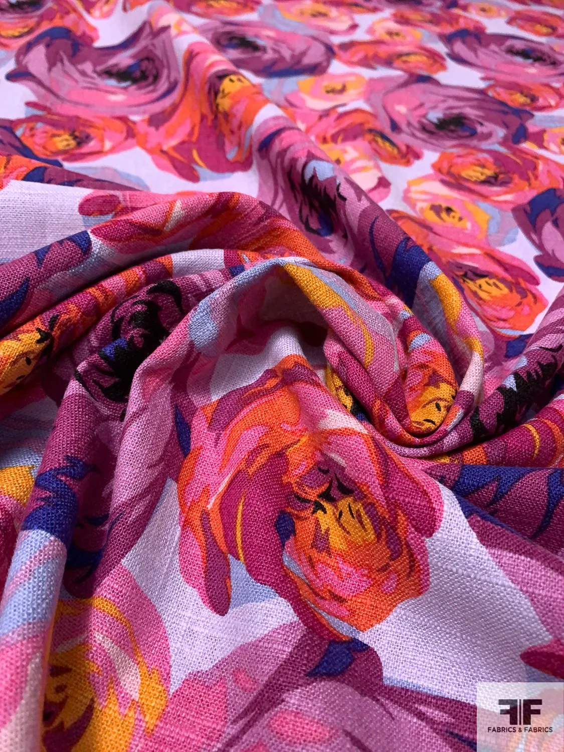 Art Collector Floral Printed Linen-Weave Cotton with Mechanical Stretch - Magenta / Pink / Coral / Lavender / Orange