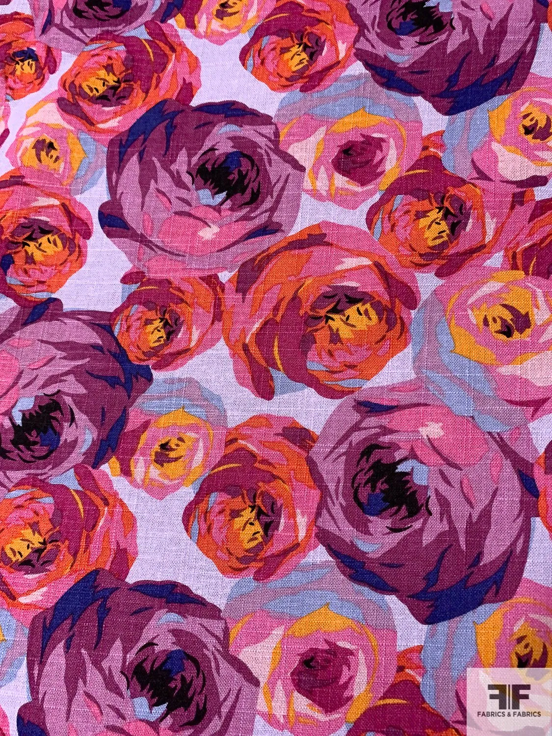 Art Collector Floral Printed Linen-Weave Cotton with Mechanical Stretch - Magenta / Pink / Coral / Lavender / Orange
