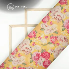Attractive Yellow Floral Digital Print Japan Satin Fabric