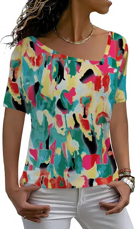 AYIFU Womens Summer Tops Short Sleeve Casual Shirts Asymmetric Neck Color Block Tunic