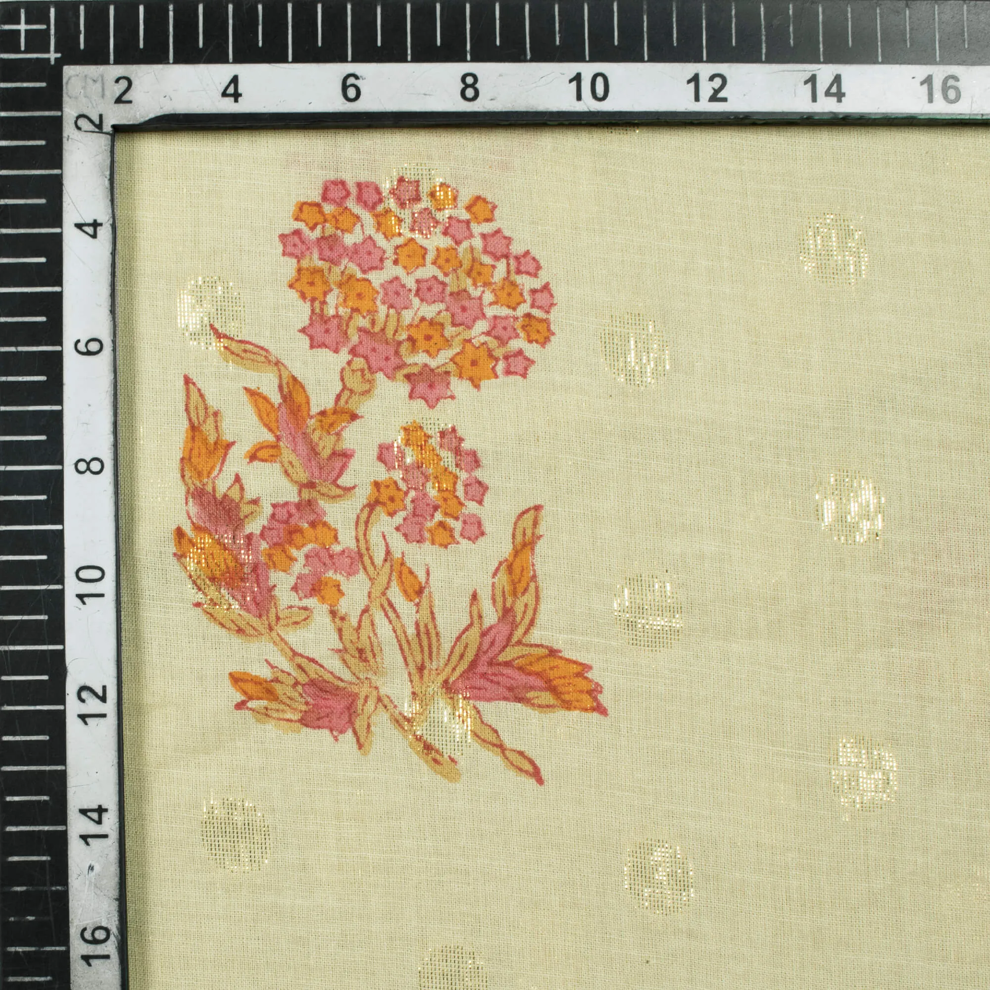 Beige And Orange Floral Pattern Handblock Cotton Lurex Fabric