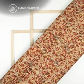 Beige And Red Leaf Kalamkari Cotton Silk Fabric