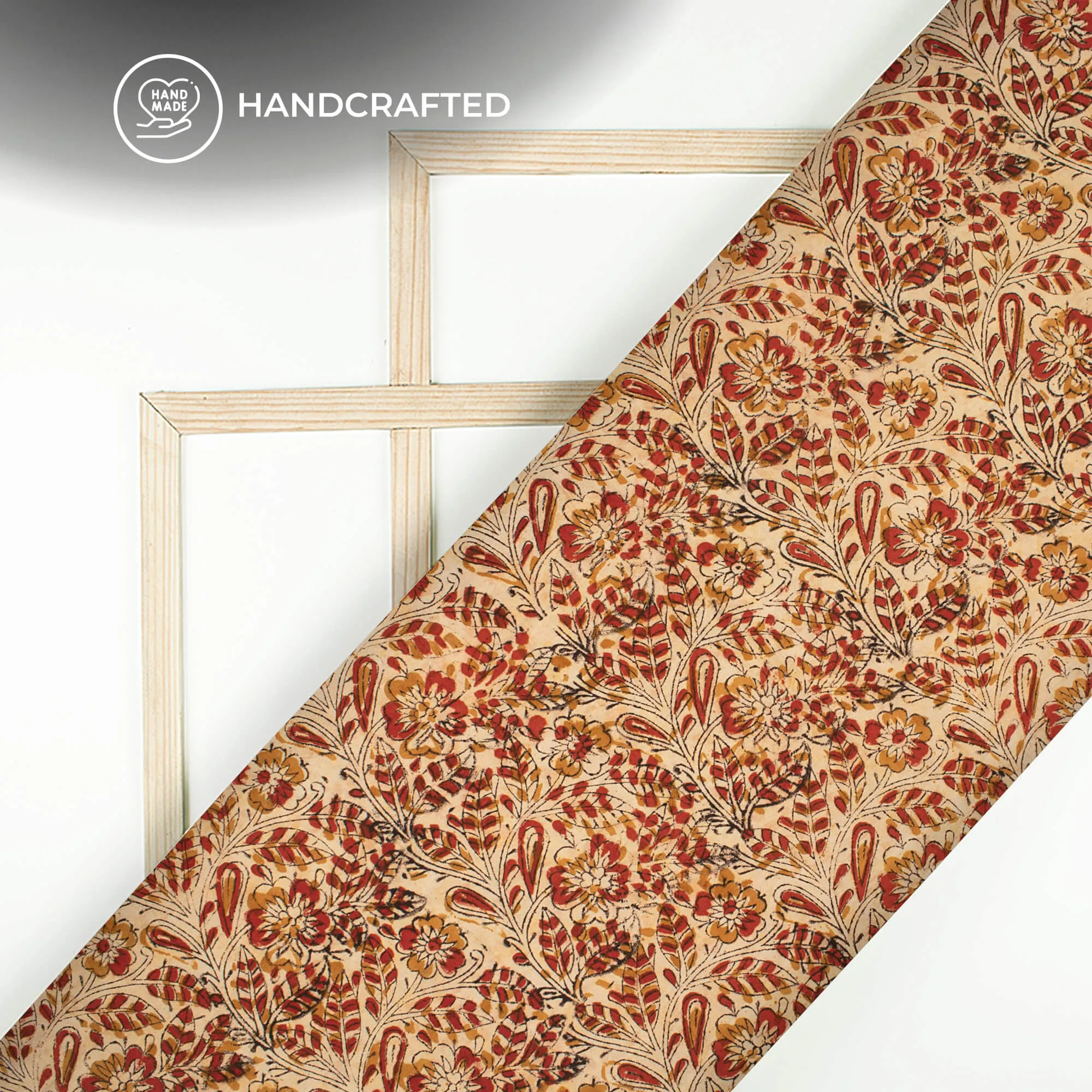 Beige And Red Leaf Kalamkari Cotton Silk Fabric