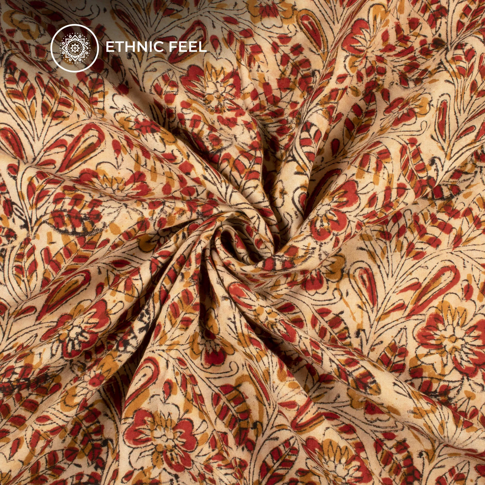 Beige And Red Leaf Kalamkari Cotton Silk Fabric