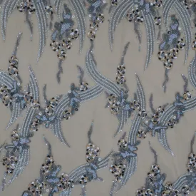Beige Tulle with Multicolored Bugle Beads Pearls and Sequin Floral Embroidered Fabric