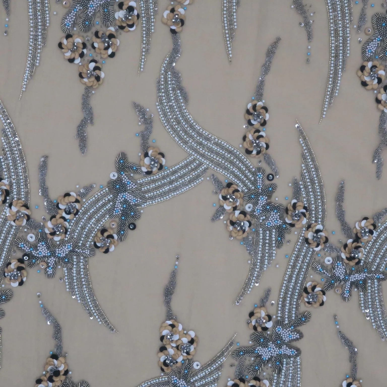 Beige Tulle with Multicolored Bugle Beads Pearls and Sequin Floral Embroidered Fabric