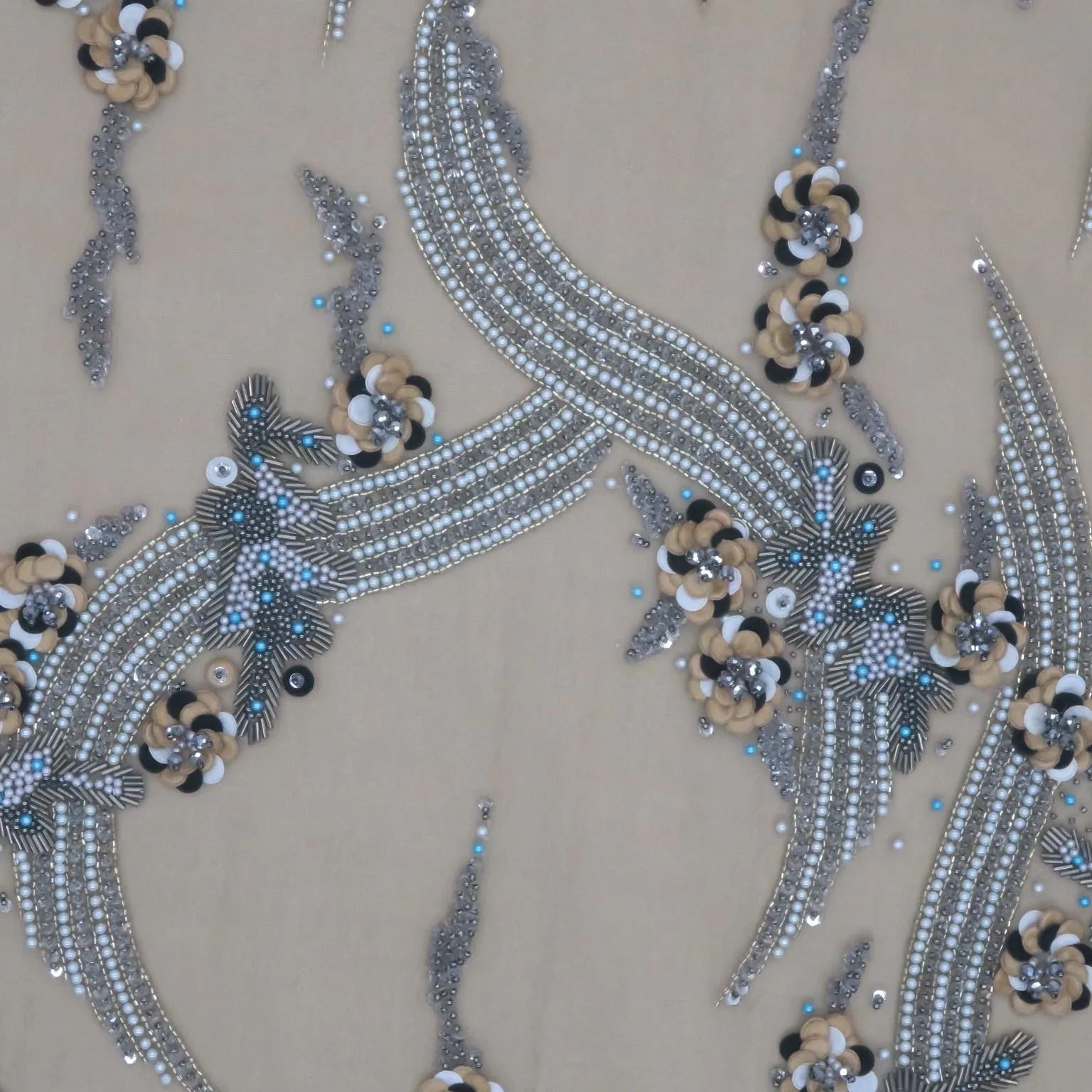 Beige Tulle with Multicolored Bugle Beads Pearls and Sequin Floral Embroidered Fabric