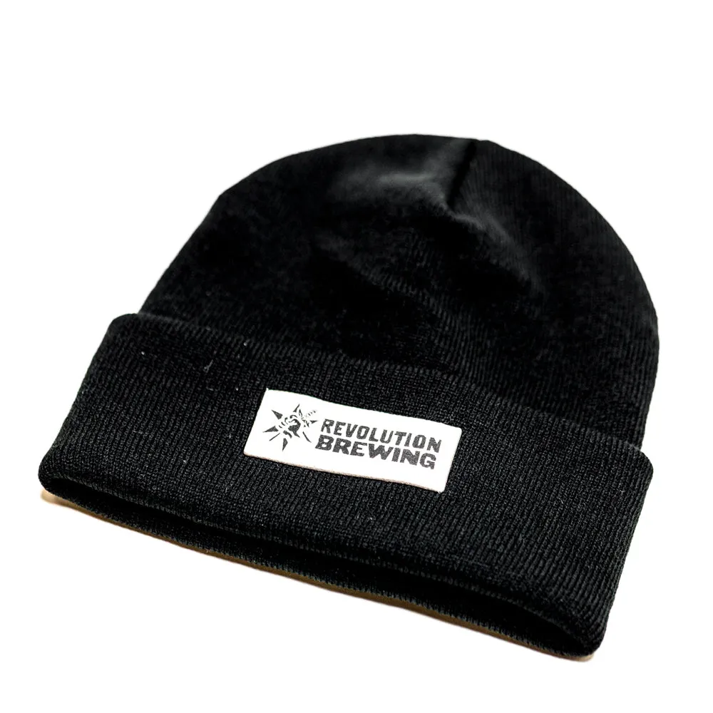 Black Cuffed Knit Beanie Leather Logo