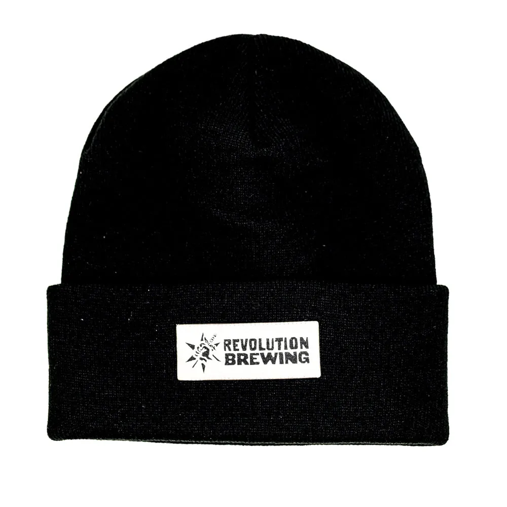 Black Cuffed Knit Beanie Leather Logo