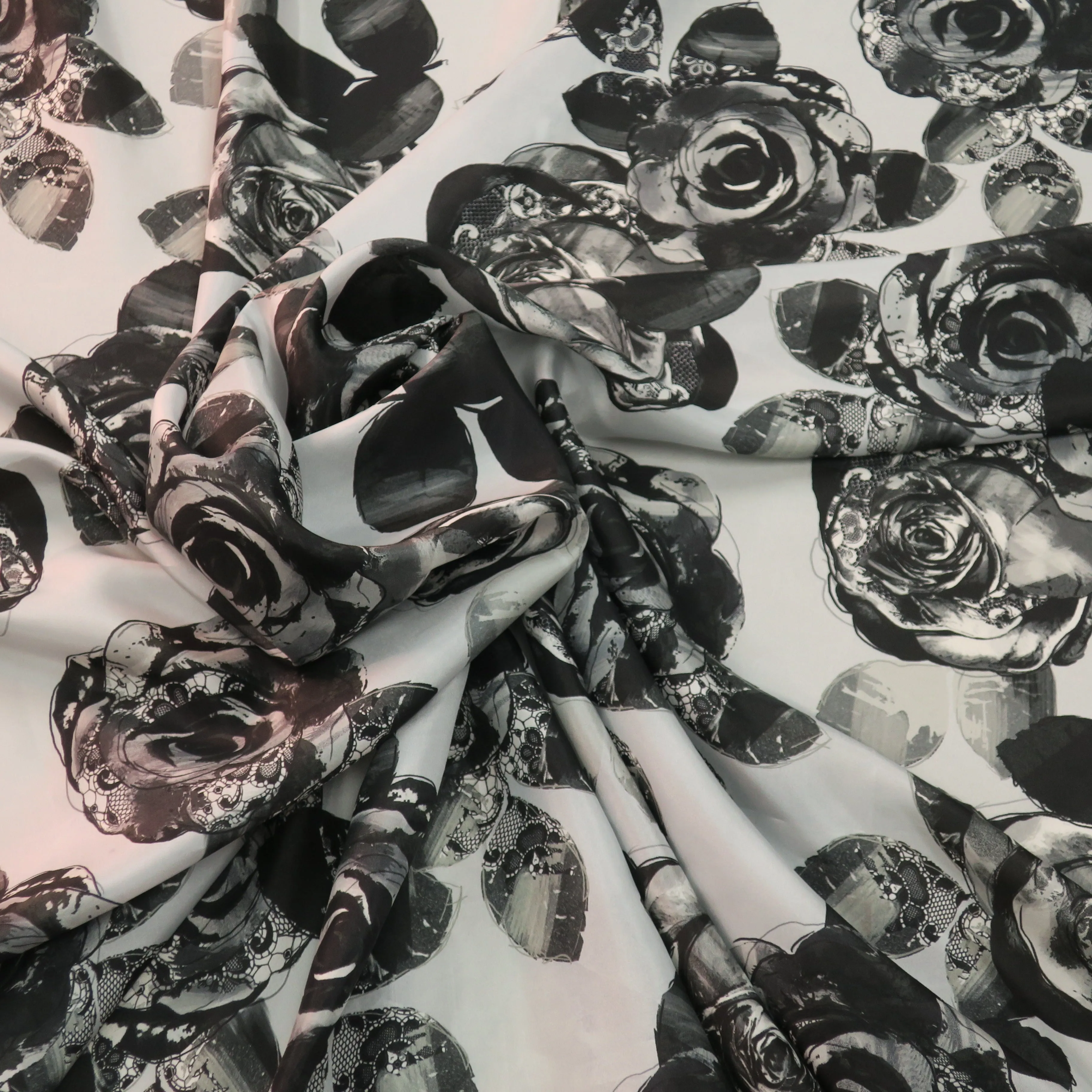 Black Flowers in a Gray Background Printed Silk Charmeuse Fabric