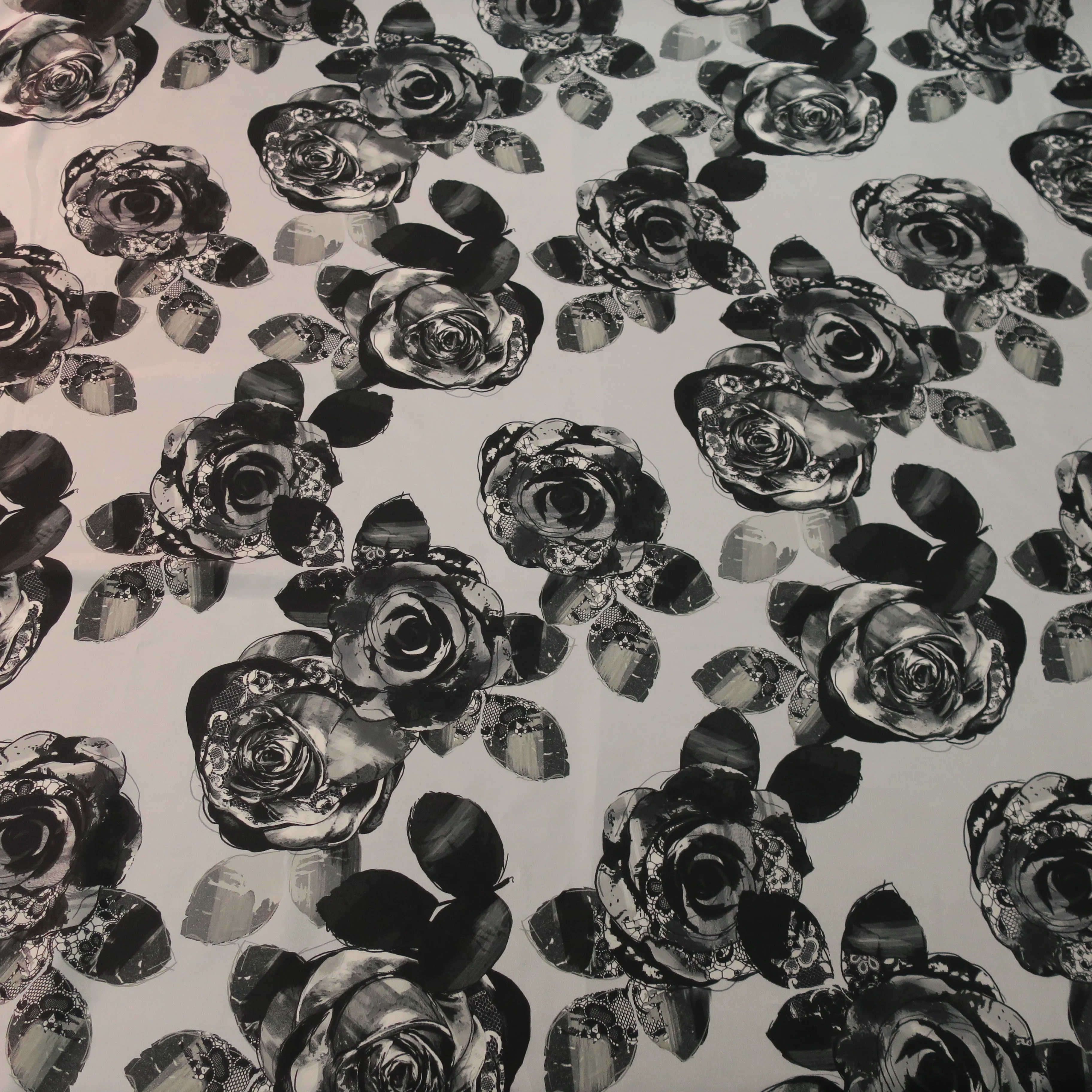 Black Flowers in a Gray Background Printed Silk Charmeuse Fabric