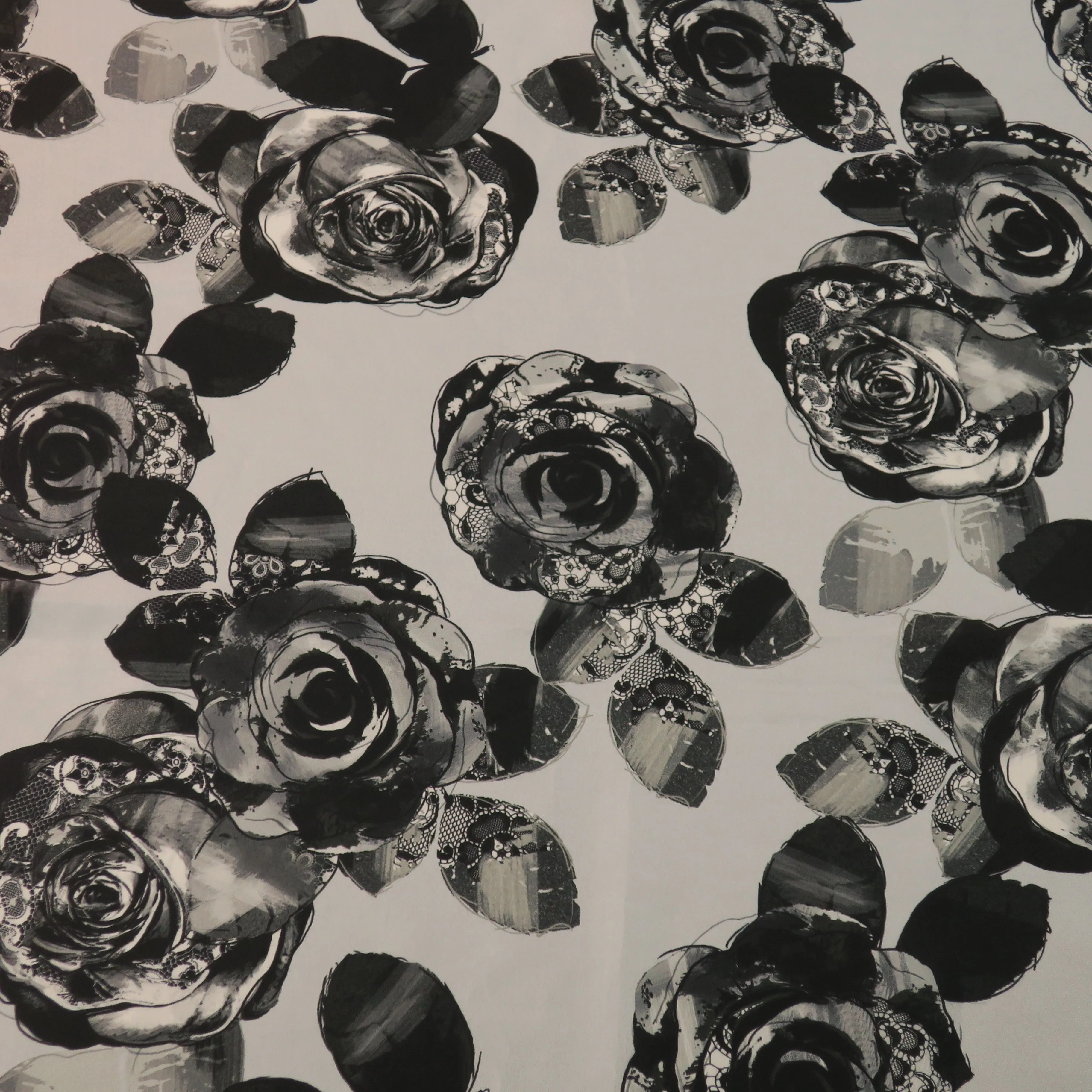 Black Flowers in a Gray Background Printed Silk Charmeuse Fabric