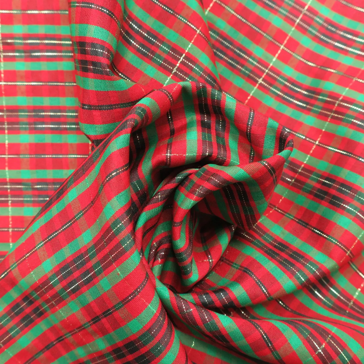 Black, Green and Red Madras Pattern Printed Cotton Blended Broadcloth