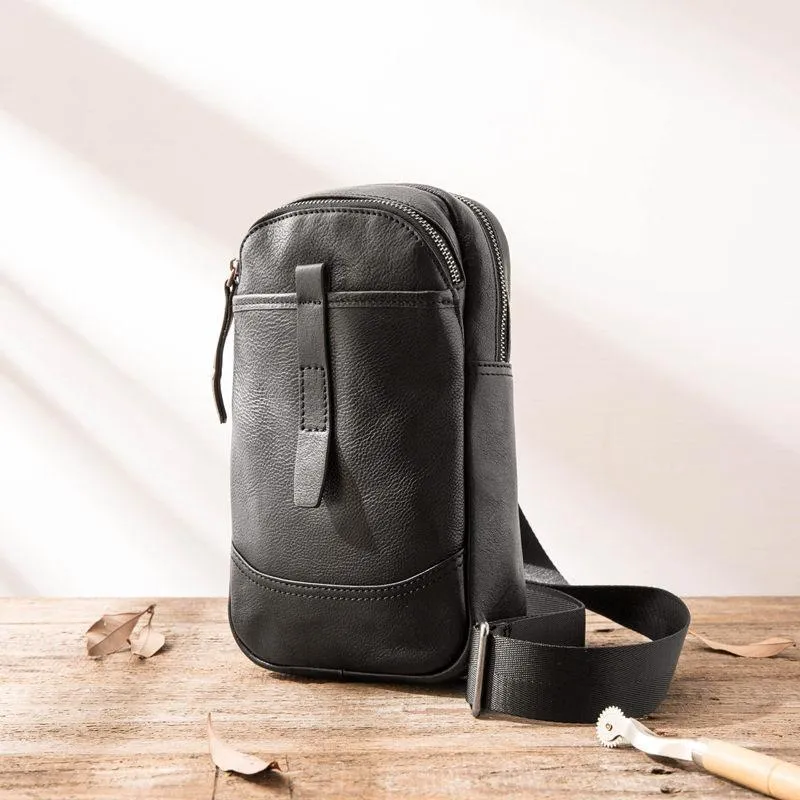 Black Leather Mens Sling Bag Sling Shoulder Bag Chest Bag for men