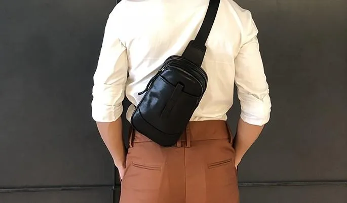 Black Leather Mens Sling Bag Sling Shoulder Bag Chest Bag for men