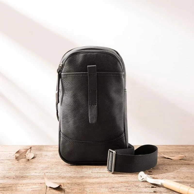 Black Leather Mens Sling Bag Sling Shoulder Bag Chest Bag for men